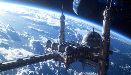 Fototapeta premium Futuristic Space Station Orbiting Earth - A Vision of Tomorrow.