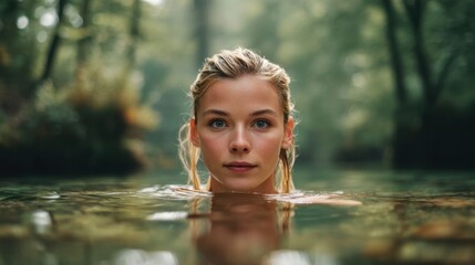 Fototapeta premium Young Woman Enjoying a Serene Moment in Natural Water Surrounded by Lush Green Trees