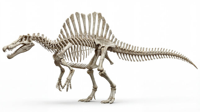 Spinosaurus aegyptiacus full skeleton, detailed prehistoric dinosaur bones isolated on white background, scientific reconstruction, high resolution illustration