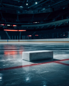 Rectangular block on ice rink near red line marking