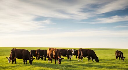 Fototapeta premium Grazing Cattle in Lush Green Pasture Under Clear Blue Sky - Nature Photography - Peaceful Rural Landscape