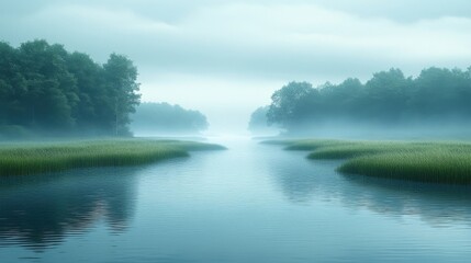 Fototapeta premium Misty River Landscape With Lush Green Trees And Reeds Gentle Water Reflection Serene Atmosphere