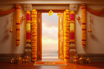 Obraz premium Festive doorway with marigold garlands brass lamps and open door