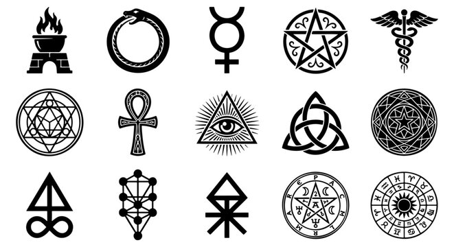 Occult alchemy symbols set, 15 mystical esoteric icons vector, black sacred geometry and hermetic signs, ancient spiritual magic emblems