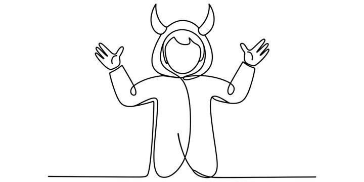 A continuous line drawing of a playful child wearing a cute costume with two devilish horns on top