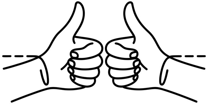 A black and white line art illustration showing two hands making a thumbs up gesture together.