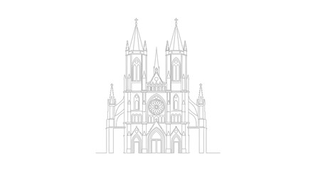 Fototapeta premium Elegant Gothic Cathedral Outline Drawing on White Background