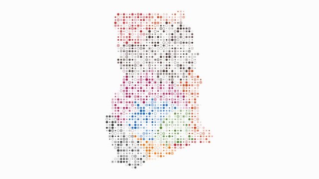 Ghana map animation. Shape of the country with pulsating colored dots. Small size circle blocks. Digital style Ghana map on white background. Stylish video.