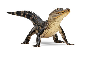 Fototapeta premium A large alligator stands confidently on a png transparent. The reptile displays its powerful jaws and textured scales.