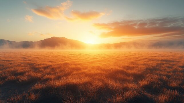 Golden Sunrise Over A Misty Field With Hills In The Background And Wispy Clouds