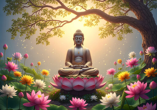 Serene Buddha statue meditating on a lotus flower surrounded by vibrant flowers under a tree