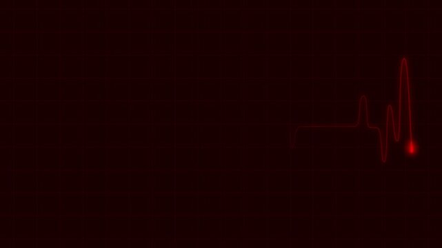 Red glowing heartbeat line on a dark medical monitor screen with grid background displaying vital signs and pulse rate data for health and technology concepts