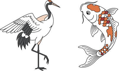 Obraz premium Vibrant illustrations of a crane and koi fish in elegant poses