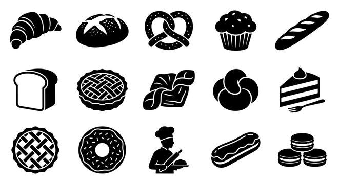 Bakery icons set with 15 black vector elements, bread and pastry silhouettes, collection of dessert and cake symbols for cafe menus