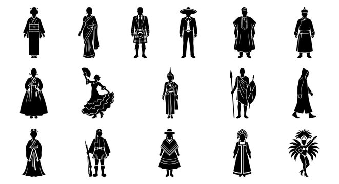 Traditional folk costume silhouettes, set of 18 global cultural clothing icons. Ethnic dress and national outfit vector illustrations. World heritage fashion silhouettes.