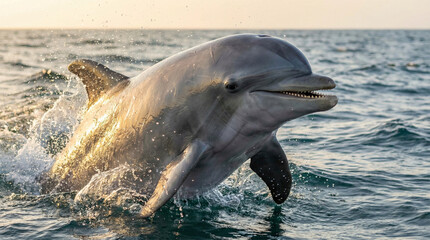 Naklejka premium Dolphin leaping out of ocean water at sunset