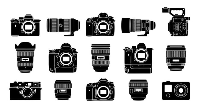Professional camera equipment icons set, digital photography gear silhouettes, 15 vector camera bodies and lenses for media production
