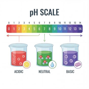 Visual representation of the pH scale indicating acidic, neutral, and basic solutions with illustrative examples