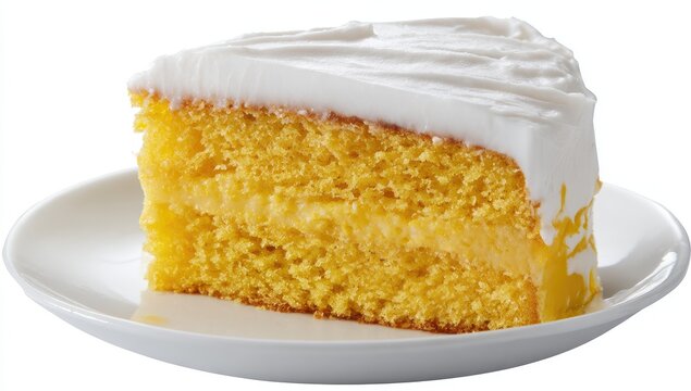 A fluffy yellow cake slice with creamy white frosting and citrus filling