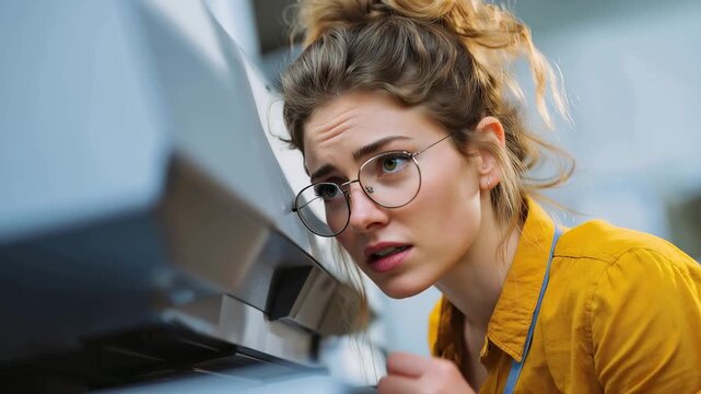 Smart female student works diligently at a printer in a modern classroom while focusing on her assignment and preparing her documents for printing