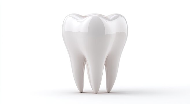 A perfectly formed, glossy white molar tooth stands in stark isolation against a clean white background
