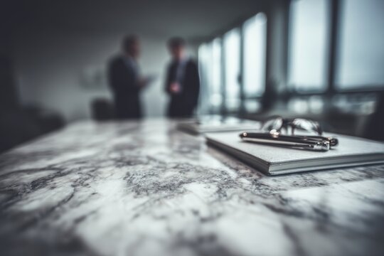 Two professionals in a modern office discussing business over a marble table with a notebook and pen