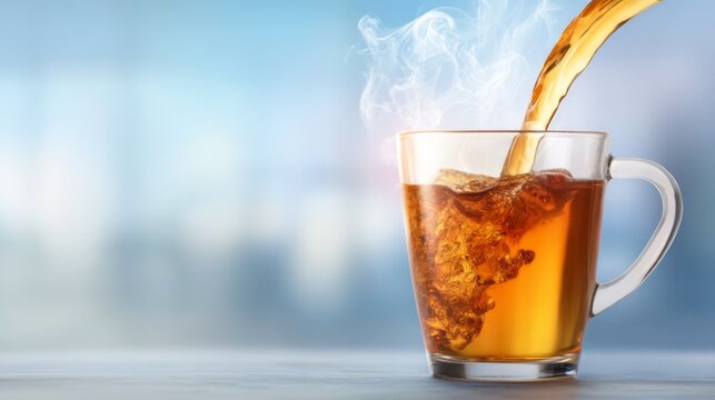 Hot Tea Being Poured into a Clear Glass Cup with Rising Steam