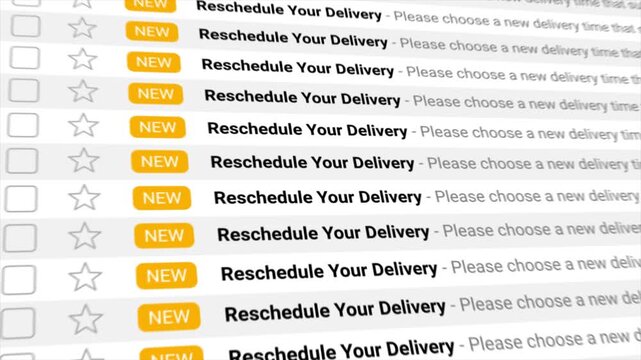 Reschedule Your Delivery notifications appear in multiples across an animated digital screen. Ideal for illustrating e-commerce, logistics, and customer service communication.