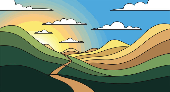 Cartoon hills with a pathway.