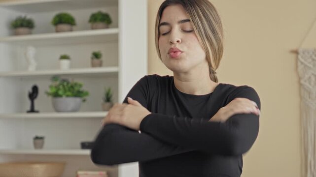 Woman hugging hands across chest with closed eyes and slow breathing in studio, arms crossed in a self hug gesture; calm self care.