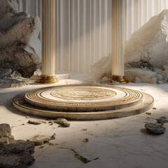 Fototapeta premium Circular marble podium centerpiece in ruined hall with columns