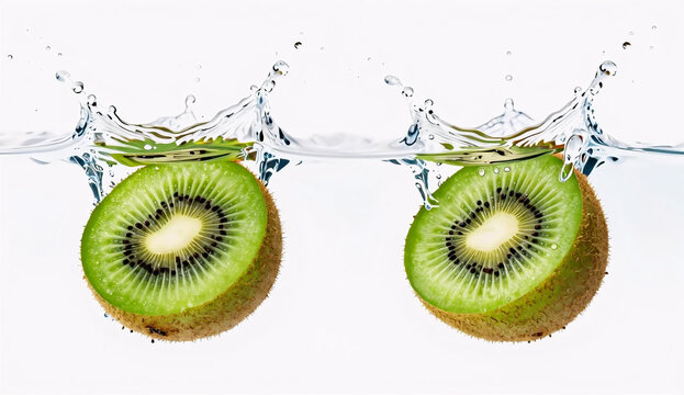 Sliced kiwi fruit splashing into clear water on white background,3d splashing photography,3d products photography 