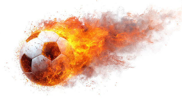A soccer ball engulfed in vibrant flames, symbolizing speed and intense energy