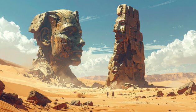 Surreal desert landscape featuring colossal stone head sculptures and two figures