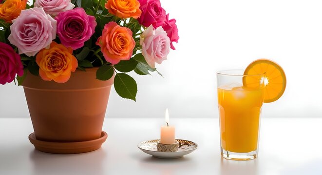 vase with flowers, lilin di atas meja putih 