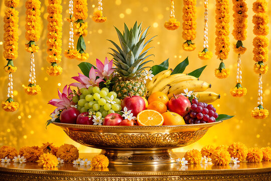 Golden brass bowl filled with fresh seasonal fruits and marigold flowers for vishu kani celebration during malayalam new year and traditional auspicious kerala hindu festivals
