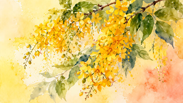 Artistic watercolor painting of yellow kanikkonna flowers or golden shower tree blossoms for vishu kani decoration during malayalam new year and beautiful colorful hindu festivals