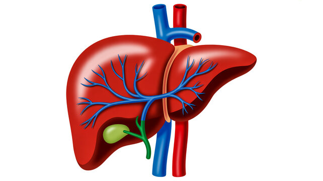 Anatomical illustration of human liver with bile ducts and vessels
