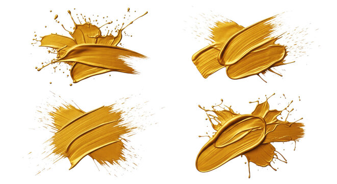 Golden paint splatters create dynamic brushstrokes on a png transparent. The paint appears fluid and textured, with visible drips and splashes.