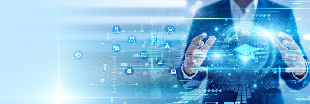 Education specialist smart hands hold tablet edtech platform delivering learning content. Professional enhancing digital education experience using innovative edtech tools and systems.