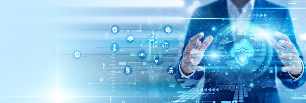 Cybersecurity expert secure hands hold laptop cloud security system protecting data. Professional ensuring privacy and preventing threats through advanced cloud security solutions.