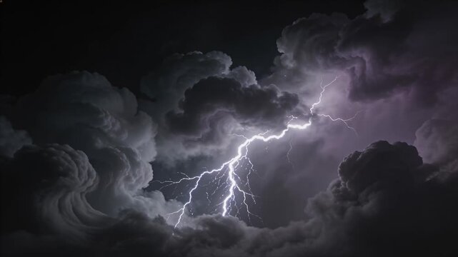 lightning storm over dark clouds, dramatic thunder in night sky