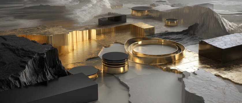 Gold ring on reflective platform in rocky canyon scene