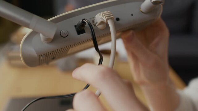 Extreme close-up of hand of anonymous woman pressing button on wifi router or modem, while troubleshooting to restart failed internet broadband connection for remote work from home