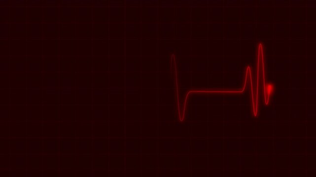 Red glowing electrocardiogram heartbeat line on a dark grid monitor showing vital signs and medical data for health and emergency concepts