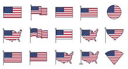 Obraz premium Collection of stylized American flag graphics, including iconic stars and stripes in various shapes and representations