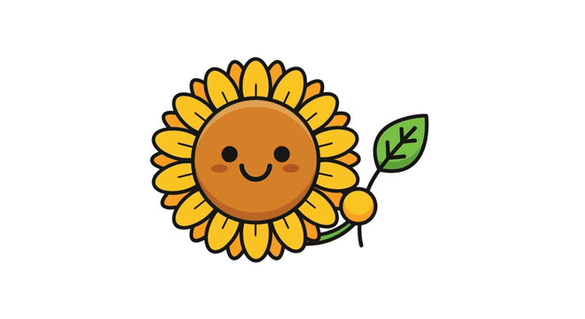 Adorable kawaii cartoon sunflower with a smiley face, holding a green leaf, perfect for cheerful summer designs and nature-themed artwork