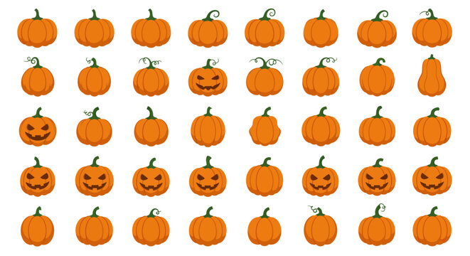A festive collection of assorted pumpkins and Jack-o'-lanterns, perfect for Halloween and autumn decorations