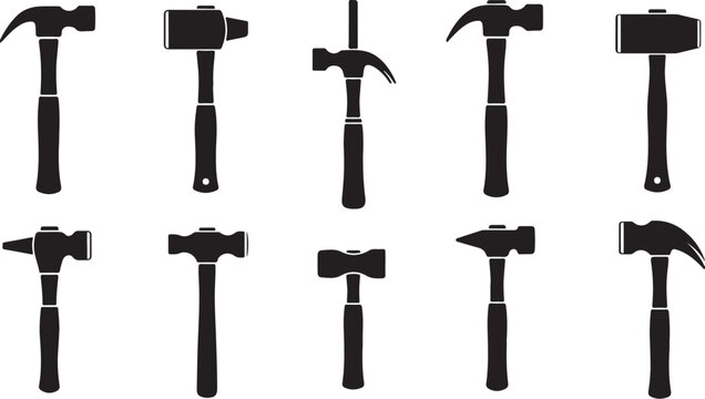Collection of various black hammer tools on white background