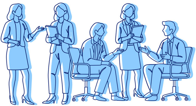 Job Interview Blue Outline with Shadow Illustration, Business Recruitment Meeting and HR Team Discussion Concept